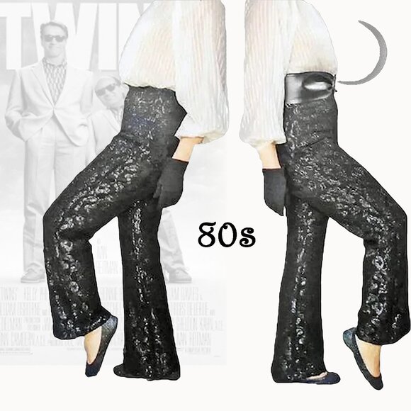Vintage Black Lace Pants Bootcut with Sparkle, 80s Camp - Picture 1 of 16